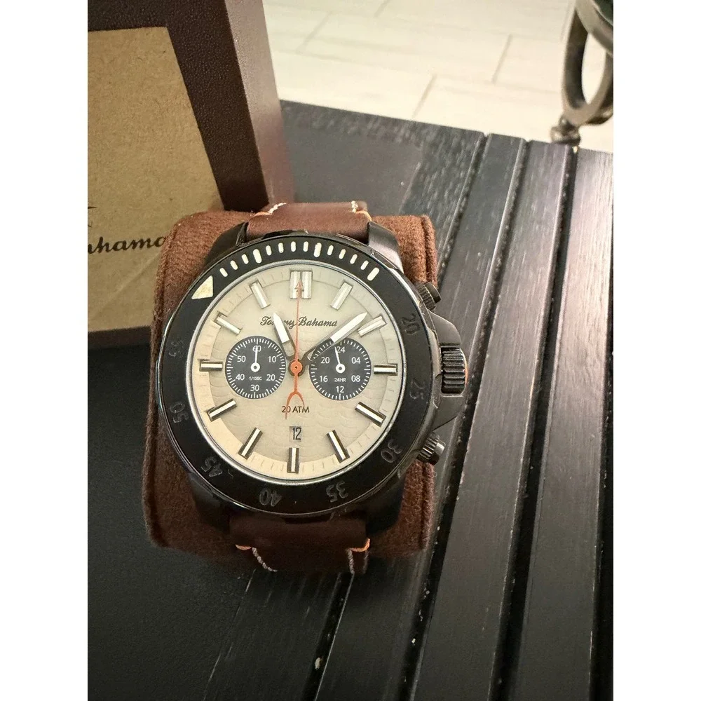 Tommy Bahama Relax Mens Chronograph Watch Brown Leather Strap 20 ATM 10024739